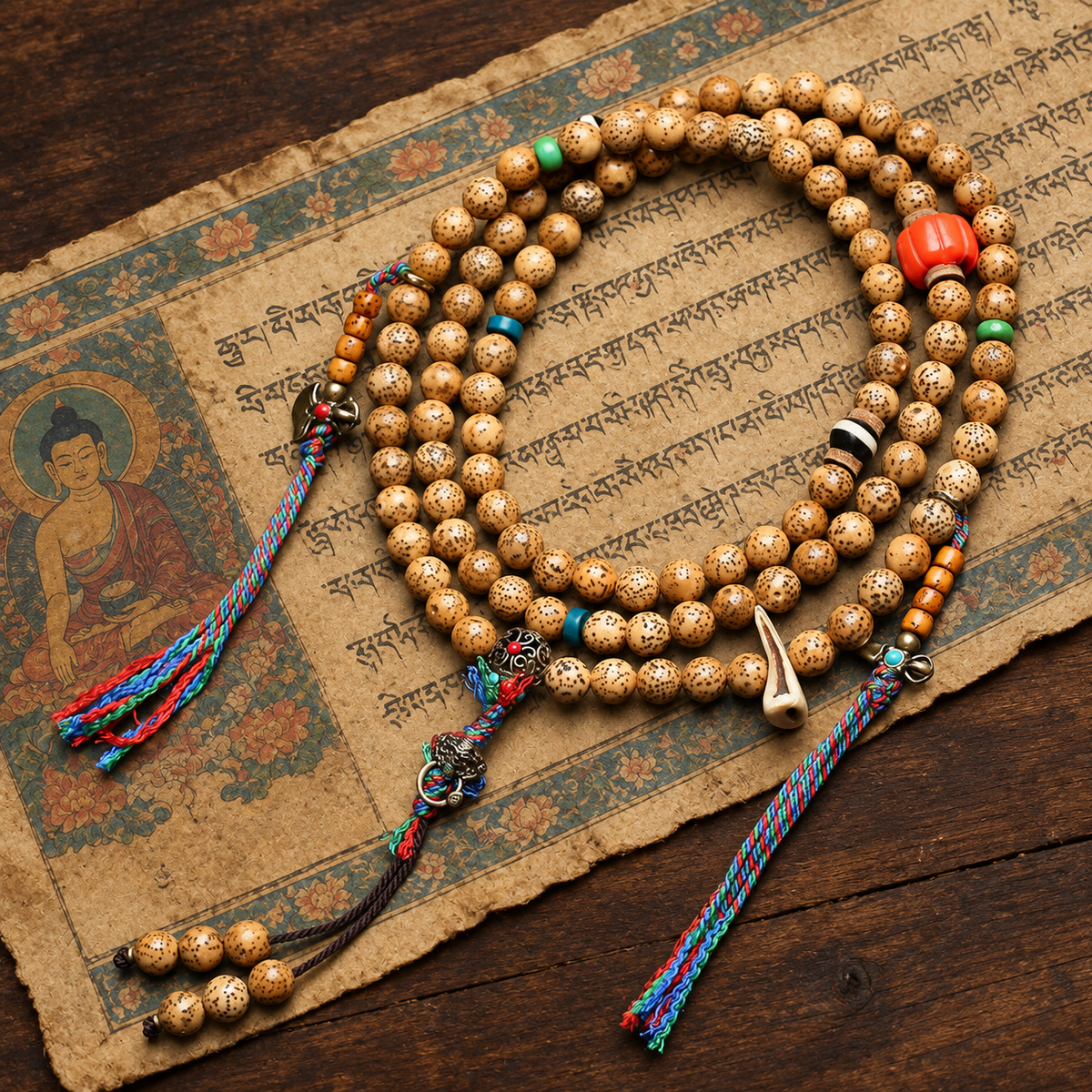Mala 108 Bodhi Xingyue con coral y hueso yak