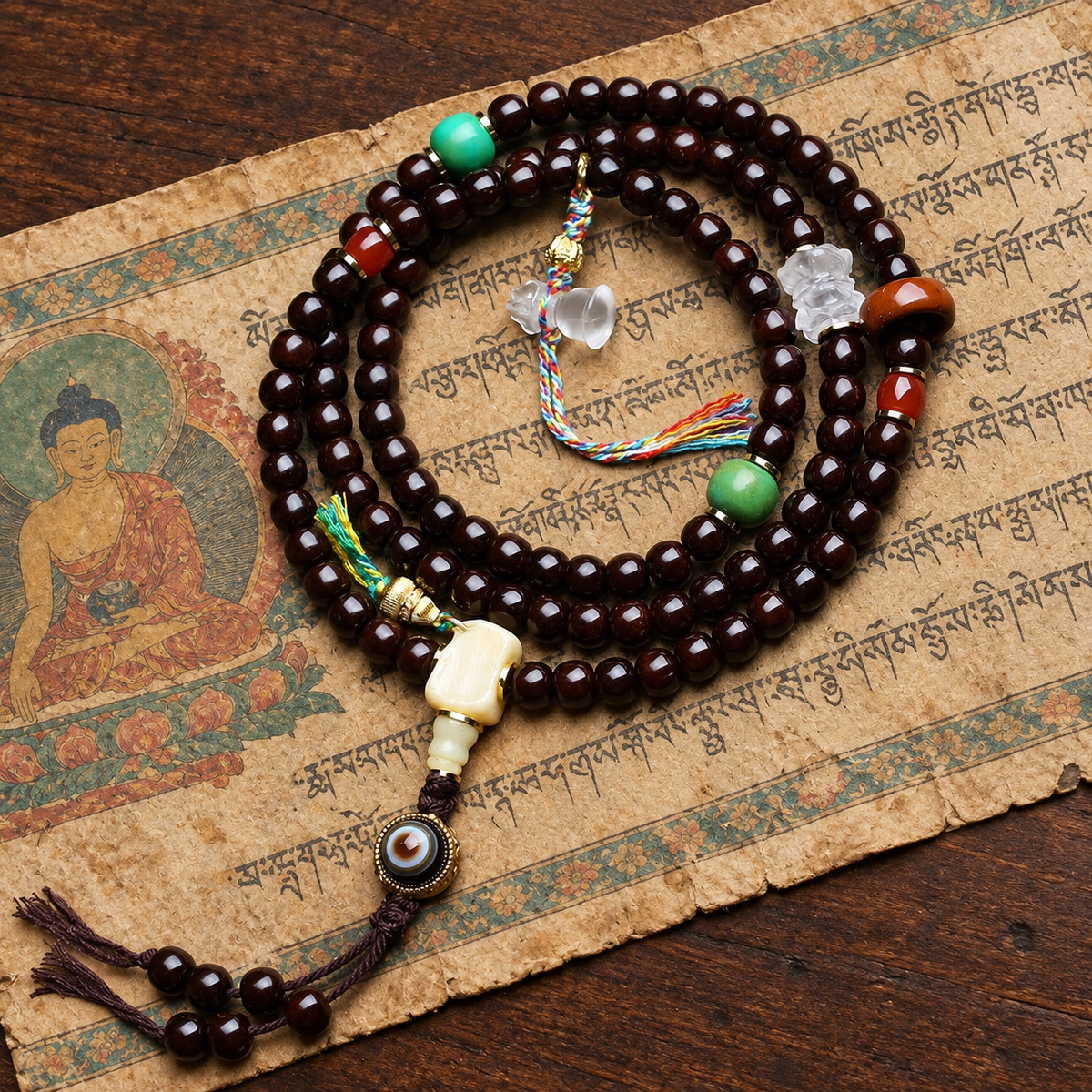 EverestArtstudios Coconut Barrel-Bead Mala with Agate and Crystal Lotus Accents — styled on wood with a scripture display prop