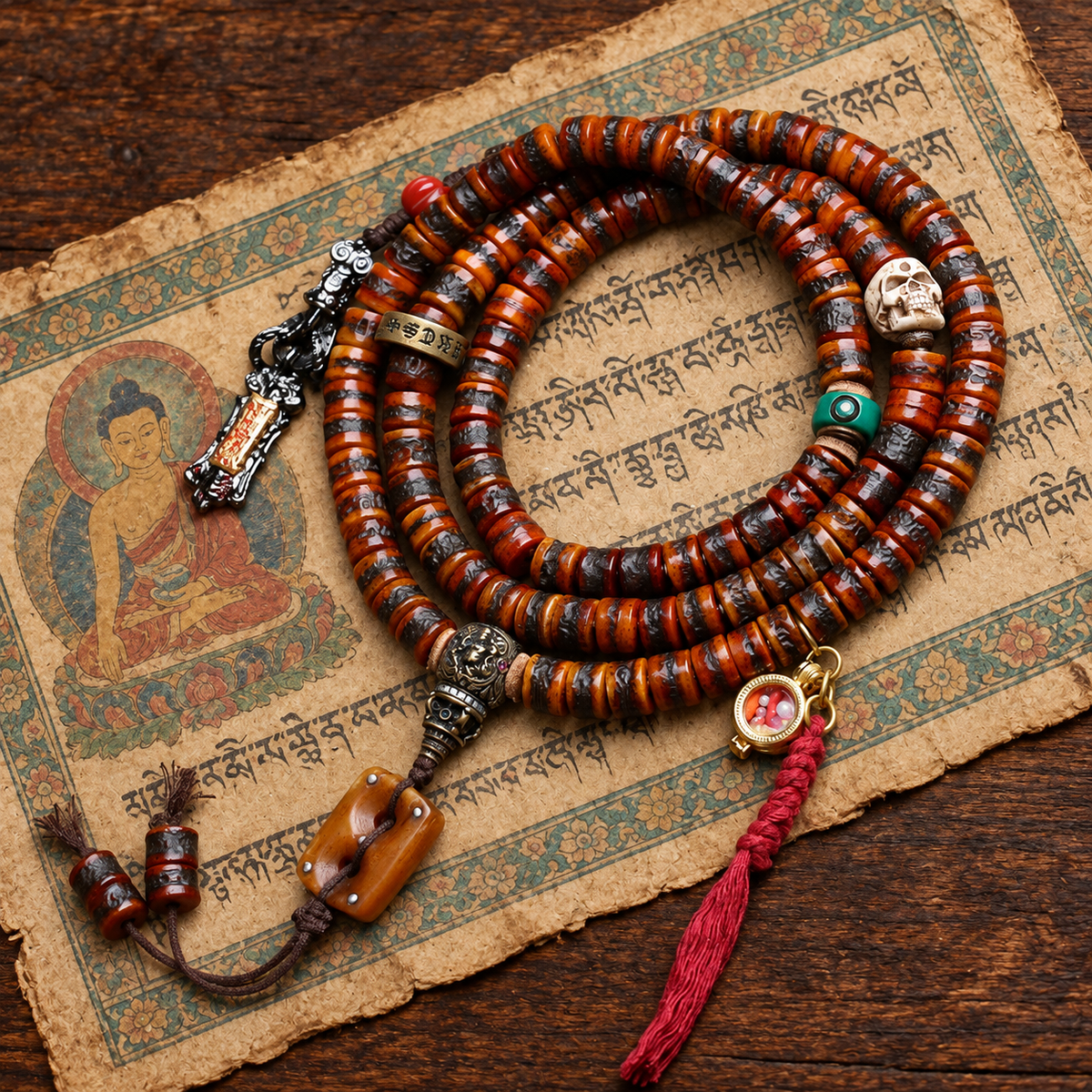 EverestArtstudios Yak Bone 108-Bead Mala with Wealth Deity and Mantra Motifs — styled on wood with a scripture display prop