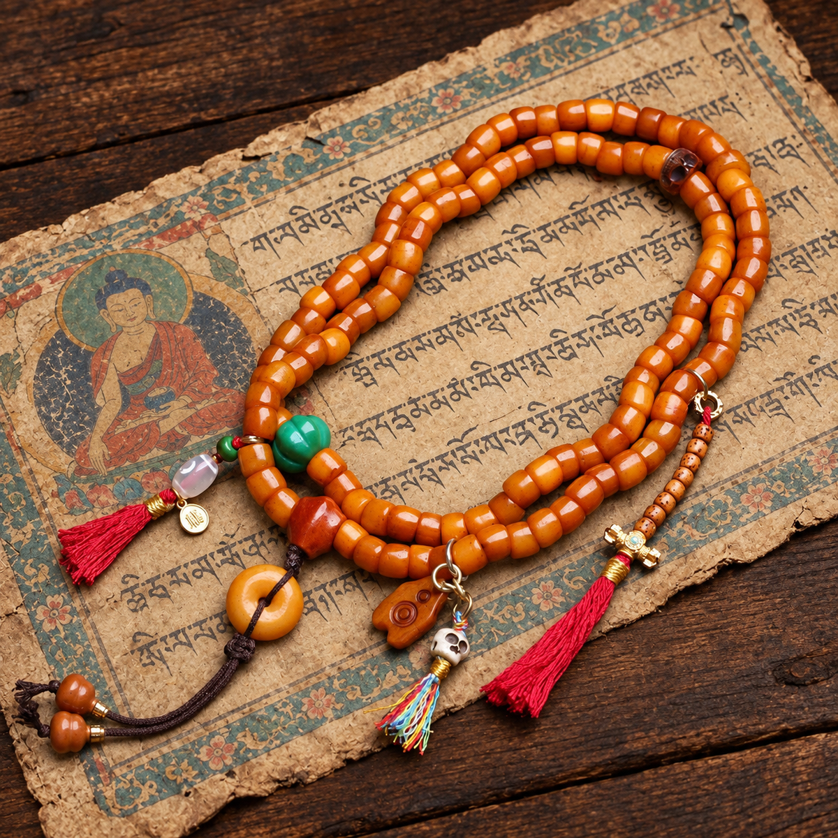 EverestArtstudios Knochen-Mala, 108 Perlen, Achat/Schutzring