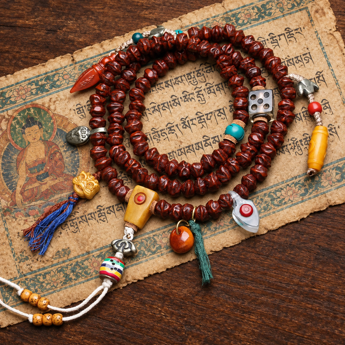 Mala de 108 cuentas de semillas Bodhi con estilo Dzi y motivo Vajra