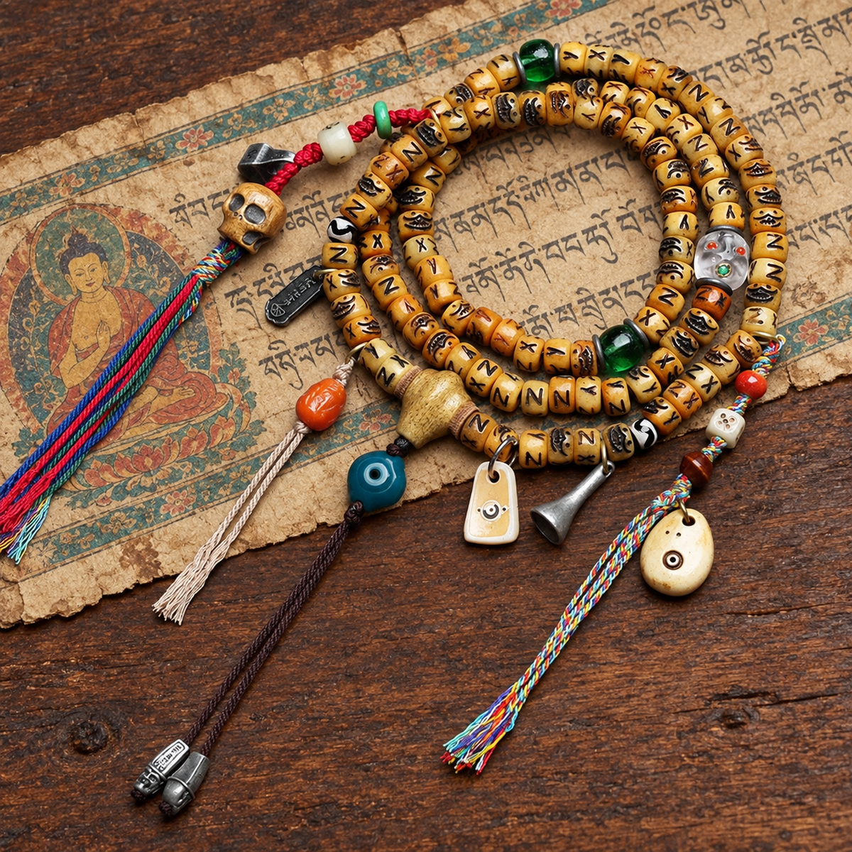 EverestArtstudios Carved Yak Bone 108-Bead Mala with Camel Bone, Glass and Agate Accents — styled on wood with a scripture display prop