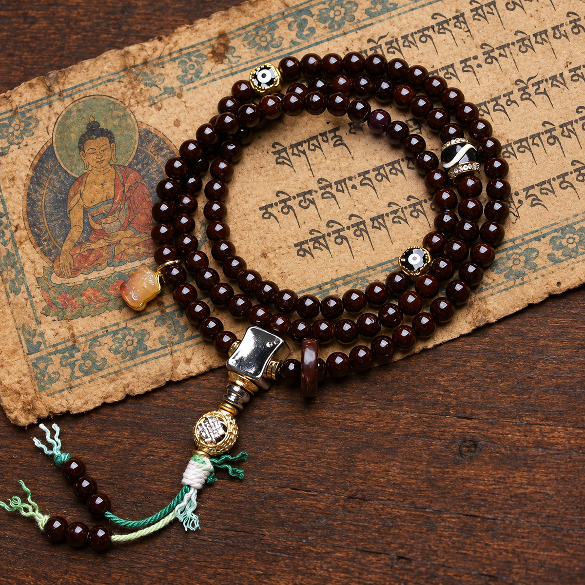 EverestArtstudios Coconut 108-Bead Mala with Inlaid Agate Accents — styled on wood with a scripture display prop