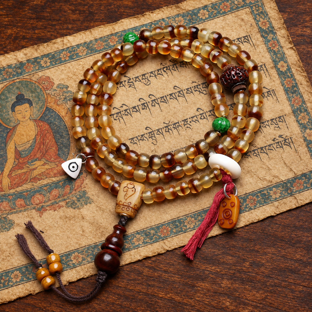 EverestArtstudios Golden Armor Barrel-Bead Mala with Vajra Bodhi and Horn Accents — styled on wood with a scripture display prop