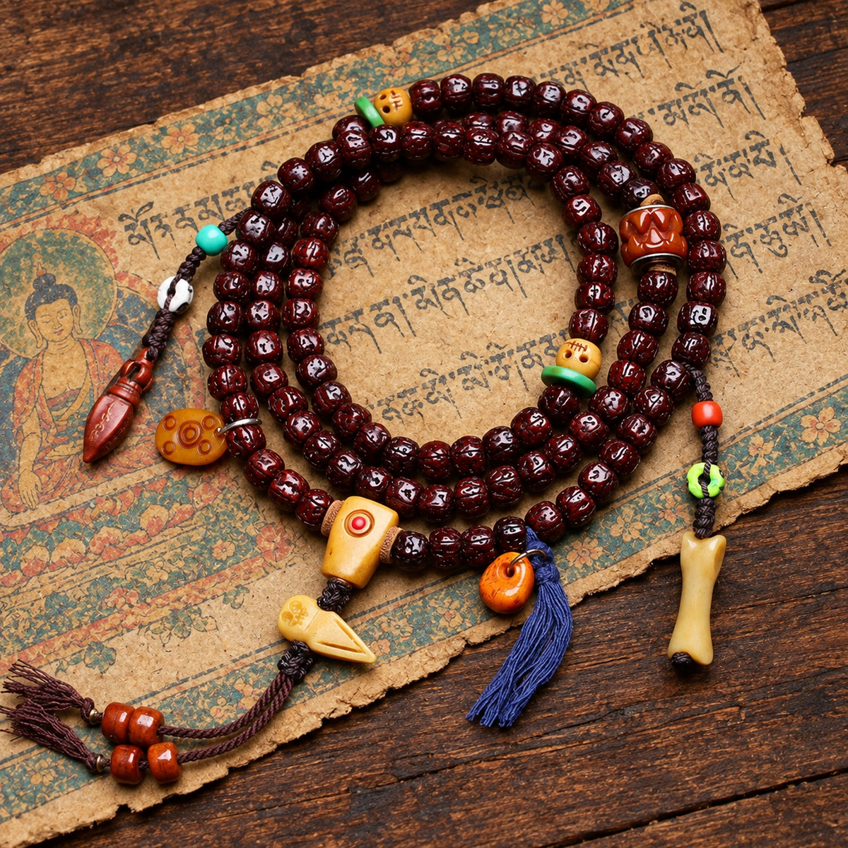 EverestArtstudios Vajra Bodhi 108-Bead Mala with Bone Accents — styled on wood with a scripture display prop
