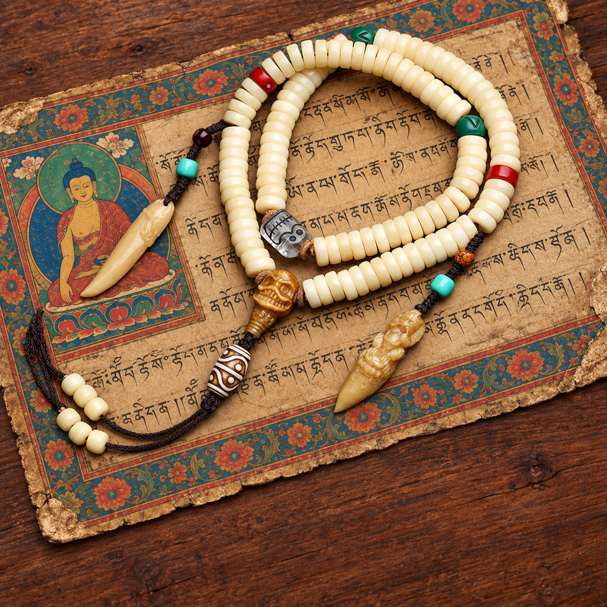 EverestArtstudios Golden-Tone Camel Bone 108-Bead Mala with Carved Accents — styled on wood with a scripture display prop