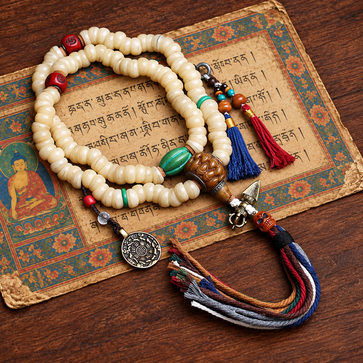 EverestArtstudios Camel Bone 108-Bead Mala with Bagua Motif and Tassels — styled on wood with a scripture display prop