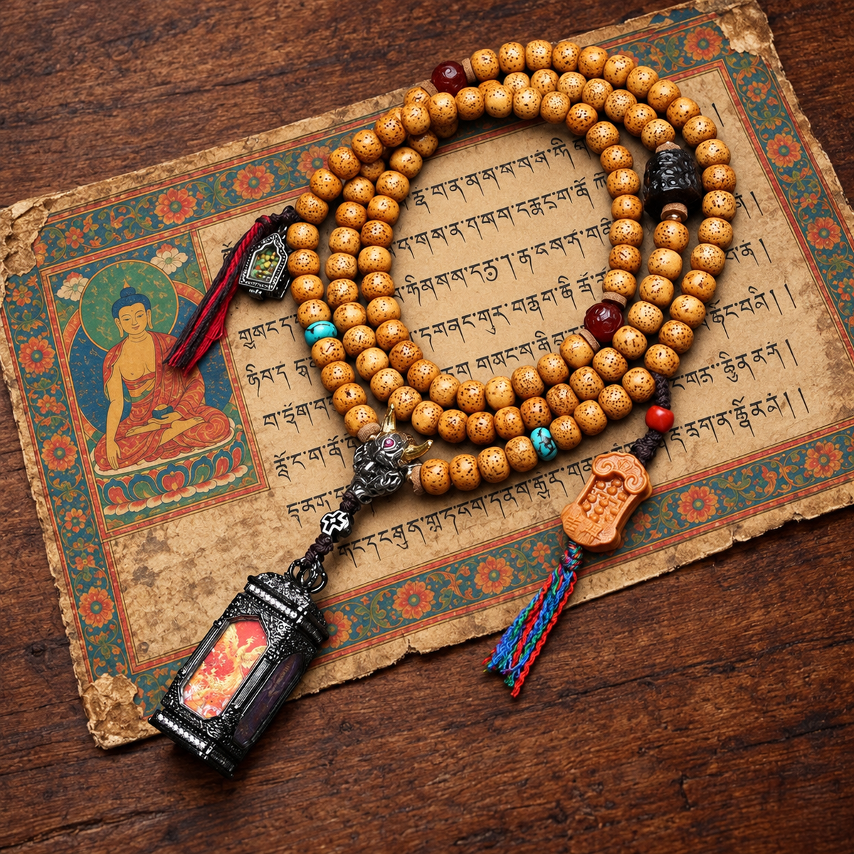 EverestArtstudios Xingyue Bodhi 108-Bead Mala with Four-Sided Thangka-Style Pendant — styled on wood with a scripture display prop