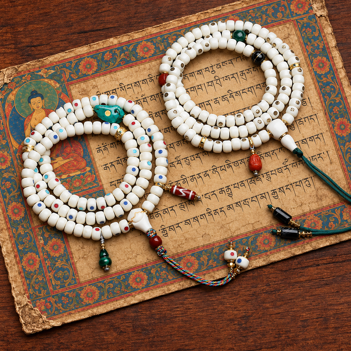 EverestArtstudios Inlaid Deer Bone 108-Bead Mala with Agate and Coconut Accents — styled on wood with a scripture display prop