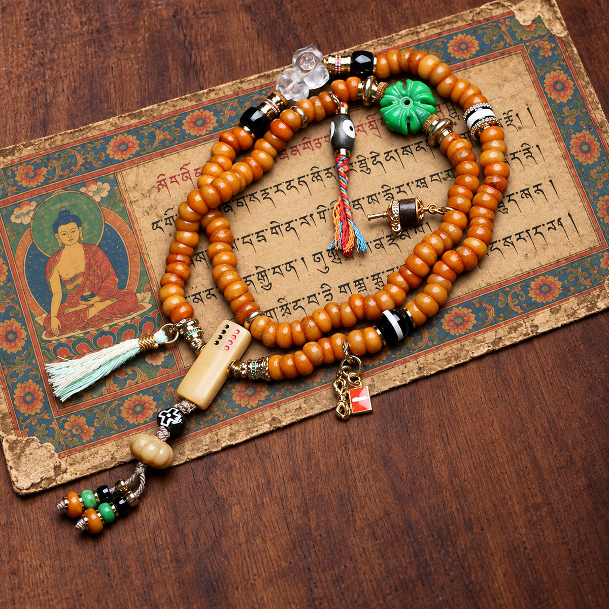 EverestArtstudios Bone 108-Bead Mala with Camel Bone and Agate Accents — styled on wood with a scripture display prop