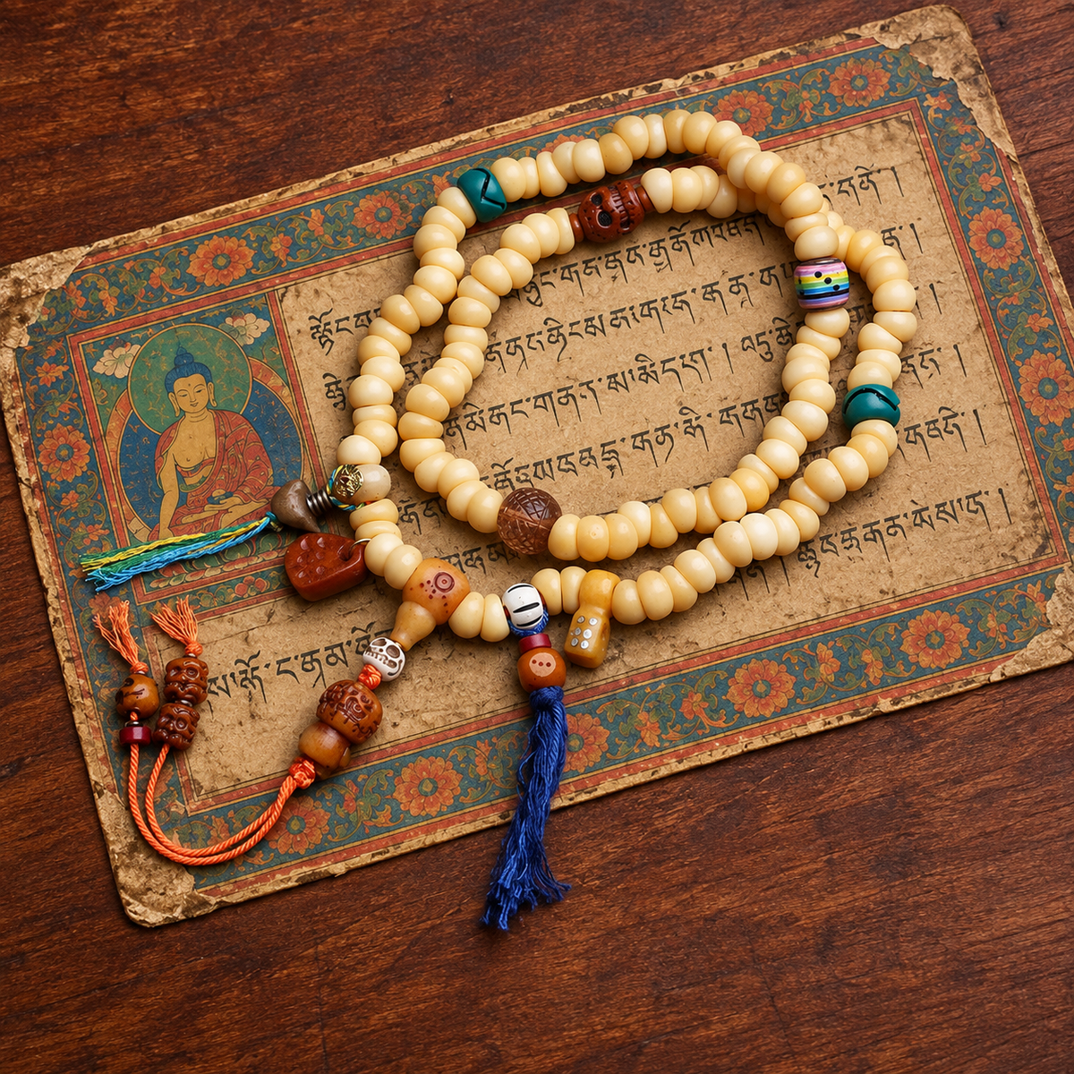 EverestArtstudios Golden-Tone Camel Bone 108-Bead Mala with Yak Bone Accents — styled on wood with a scripture display prop