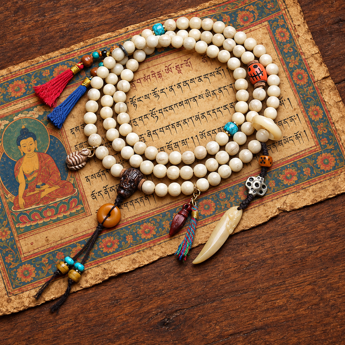 EverestArtstudios Bone 108-Bead Mala with Safety Ring and Vajra Motif Charms — styled on wood with a scripture display prop