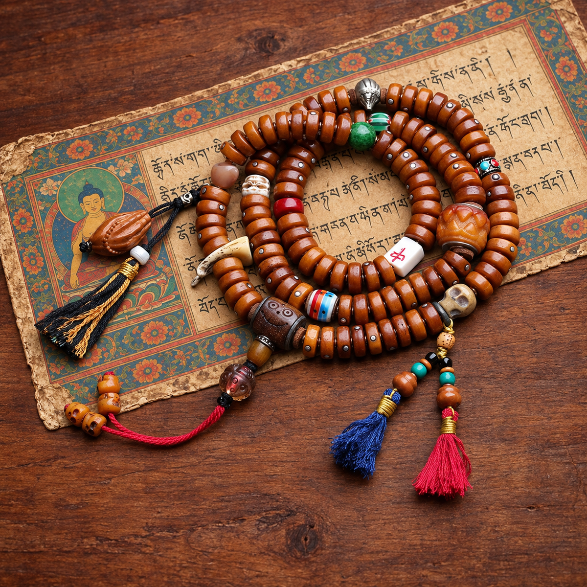 EverestArtstudios Metal-Inlaid Yak Bone 108-Bead Mala with Glass Accents — styled on wood with a scripture display prop