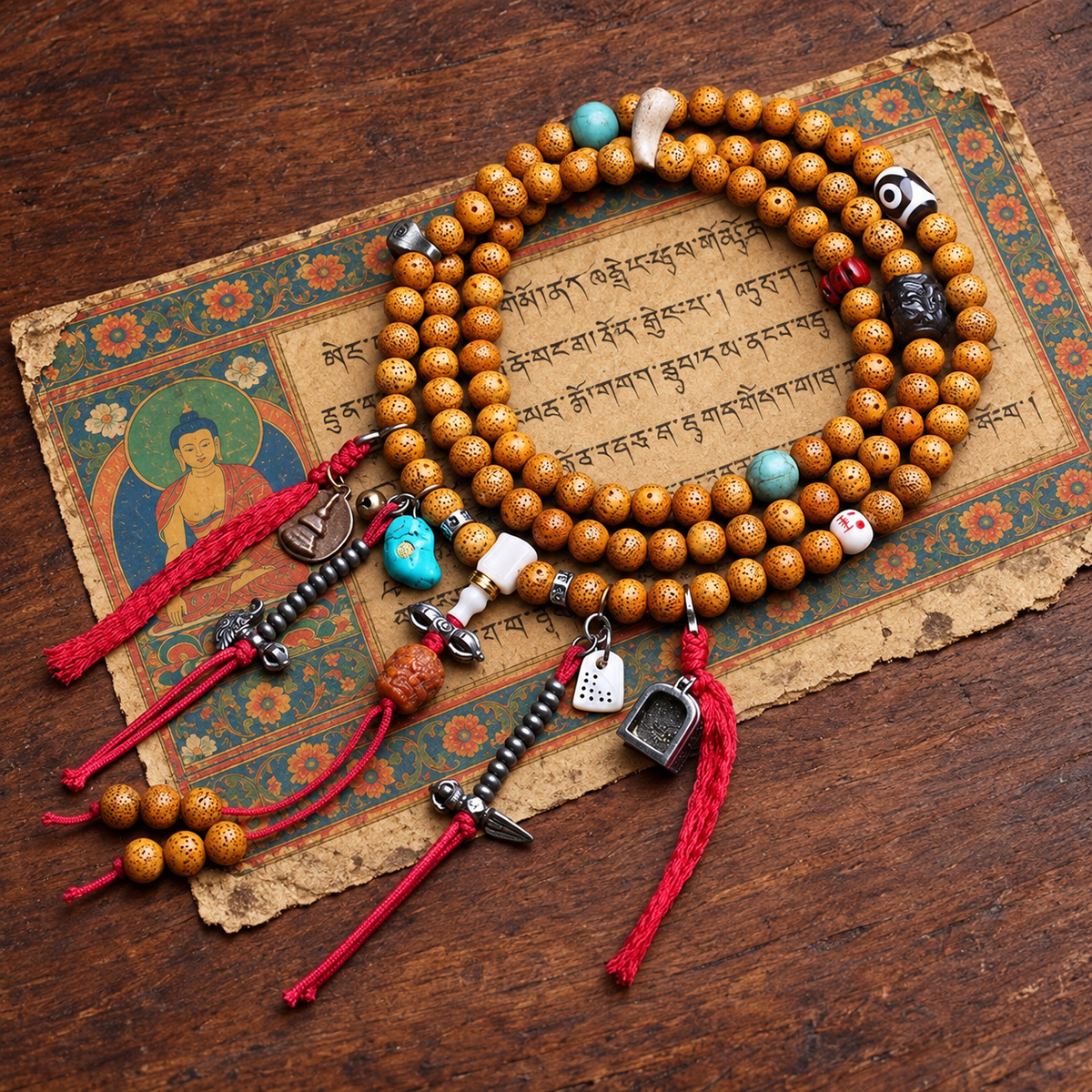 EverestArtstudios Xingyue Bodhi 108-Bead Mala with Dzi-Style Agate and Bone Accents — styled on wood with a scripture display prop