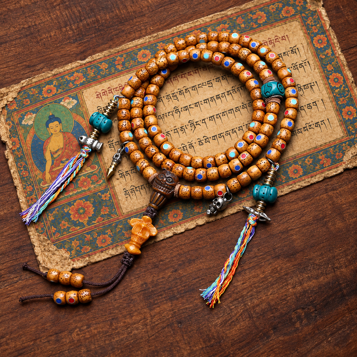 EverestArtstudios Inlaid Xingyue Bodhi 108-Bead Mala with Bone Accents — styled on wood with a scripture display prop