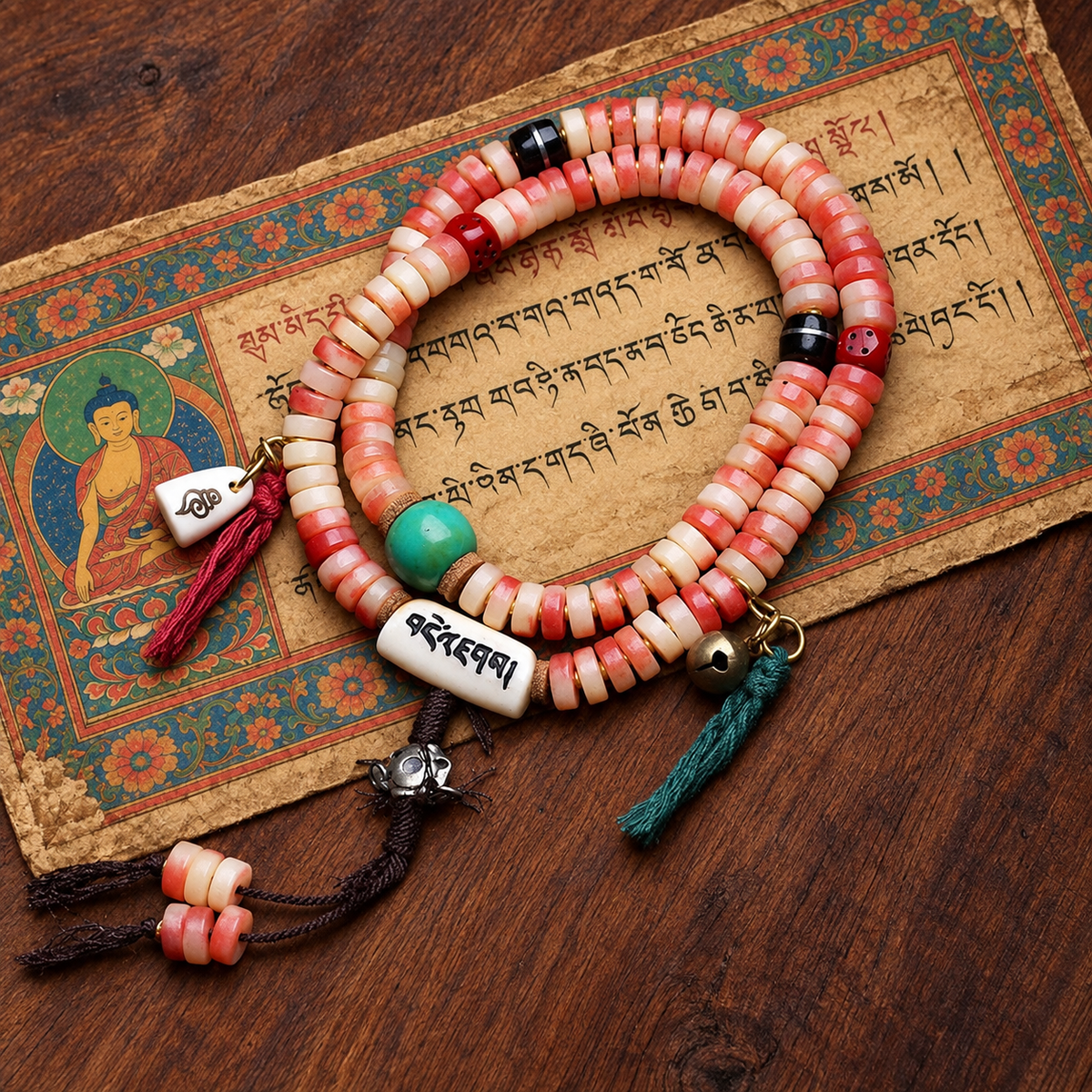EverestArtstudios Camel Bone 108-Bead Mala with Coconut and Decorative Accents — styled on wood with a scripture display prop