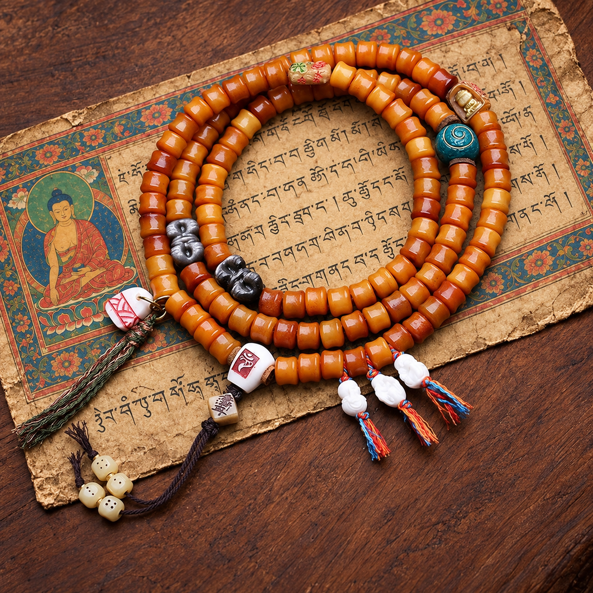 EverestArtstudios Bamboo-Carved Yak Bone 108-Bead Mala with Obsidian Accents — styled on wood with a scripture display prop