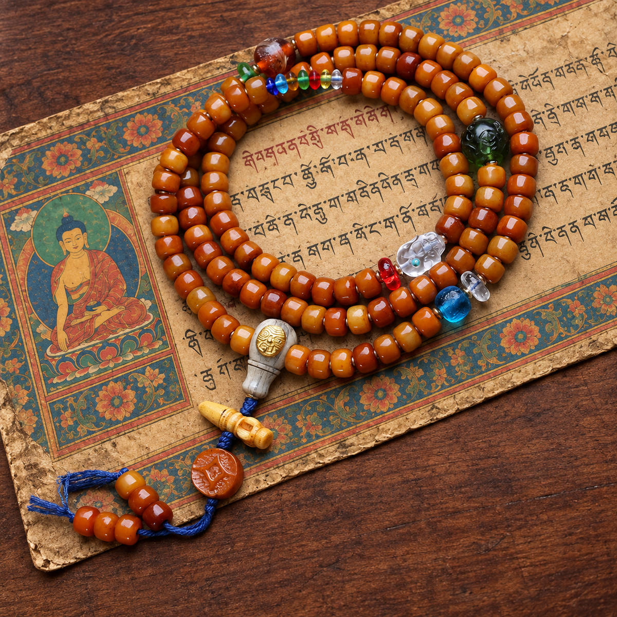 EverestArtstudios Yak Bone 108-Bead Mala with Crystal, Glass and Camel Bone Accents — styled on wood with a scripture display prop