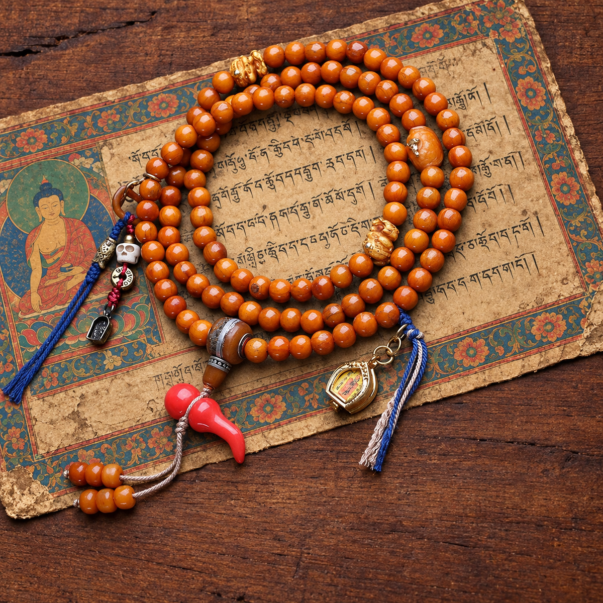 EverestArtstudios Camel Bone 108-Bead Mala with Thangka-Style Ghau Pendant — styled on wood with a scripture display prop