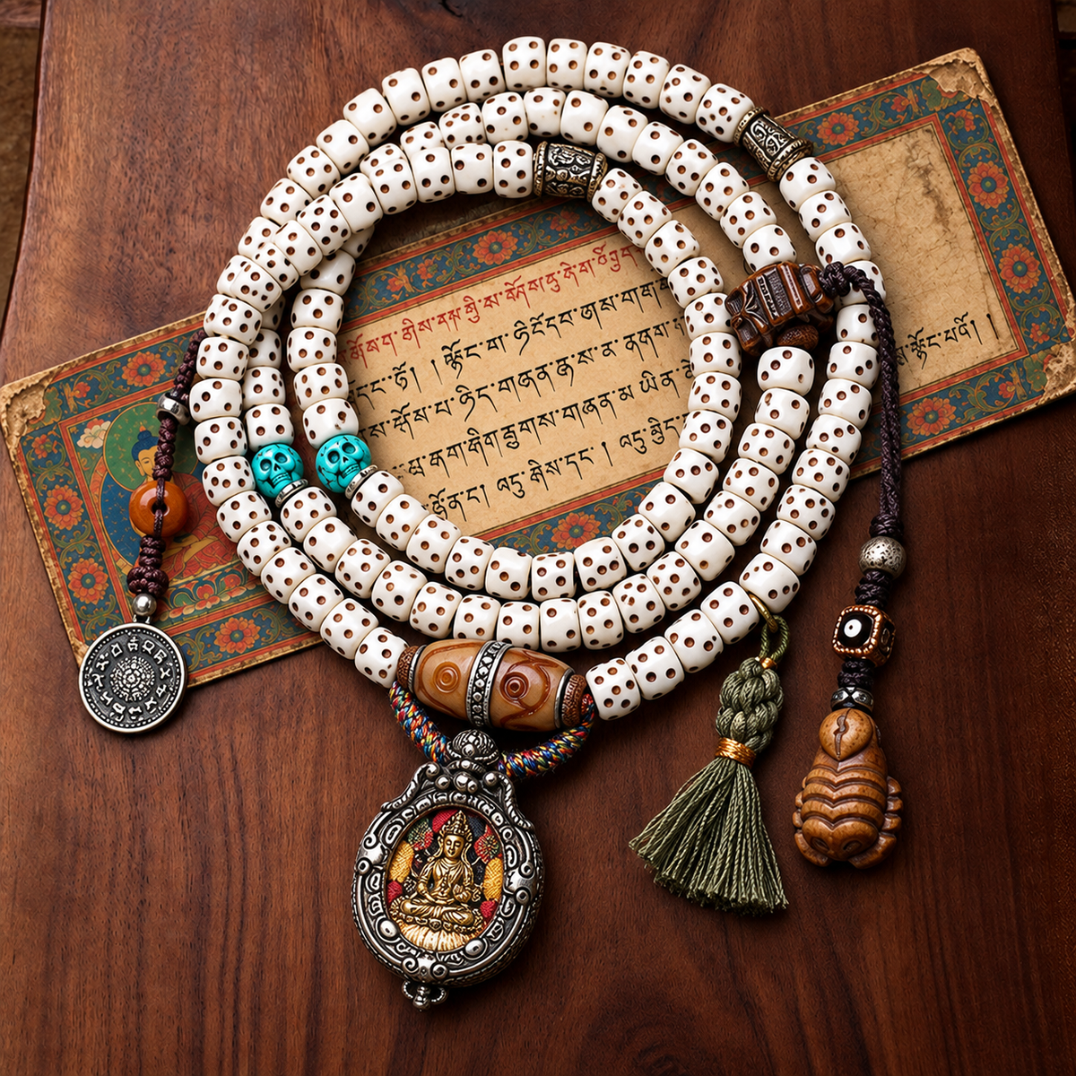 EverestArtstudios Dice-Carved Bone 108-Bead Mala with Ghau and Wealth Deity Pendants — styled on wood with a scripture display prop