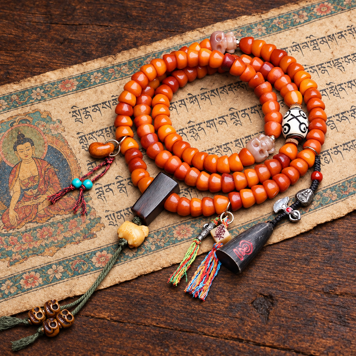 EverestArtstudios Carved Yak Bone Prayer Beads with Sandalwood Accents — styled on wood with a scripture display prop