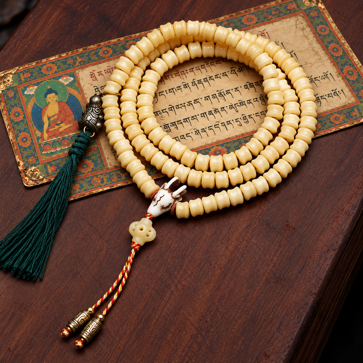 EverestArtstudios Carved Bone 108-Bead Mala with Decorative Metal Charms — styled on wood with a scripture display prop