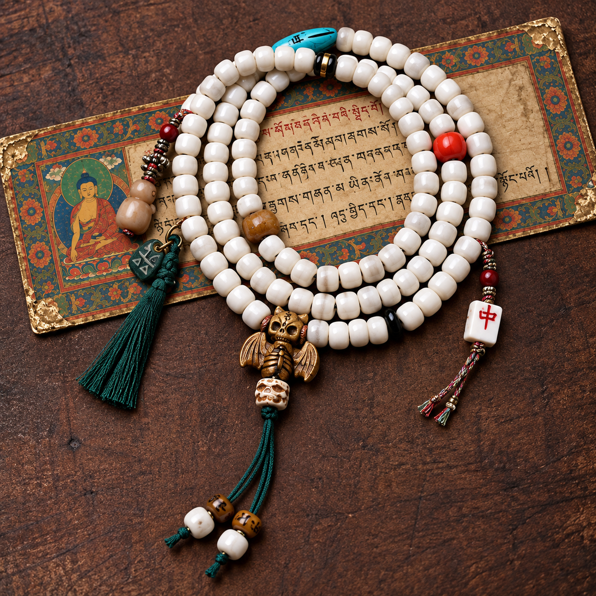 EverestArtstudios Carved Bone 108-Bead Mala with Yak Bone and Tassel Accents — styled on wood with a scripture display prop