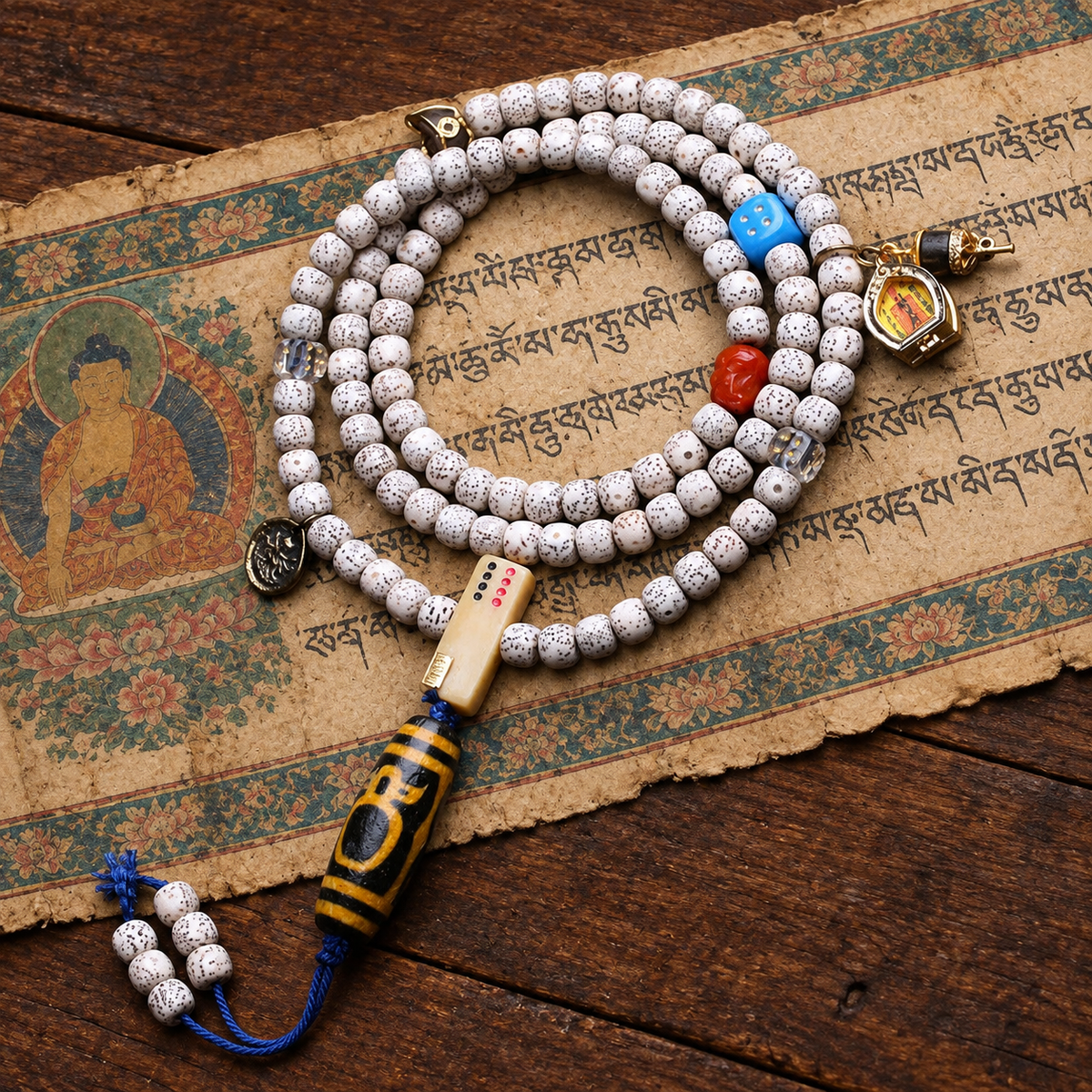 EverestArtstudios Xingyue Bodhi 108-Bead Mala with Crystal and Wealth Deity Accents — styled on wood with a scripture display prop