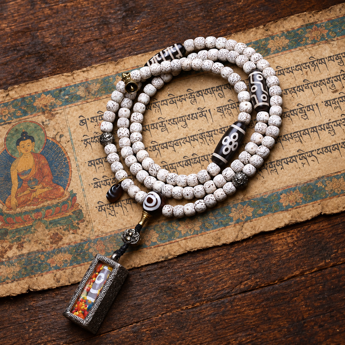 EverestArtstudios Xingyue Bodhi 108-Bead Mala with Two-Eye Dzi-Style Agate and Ghau Pendant — styled on wood with a scripture display prop