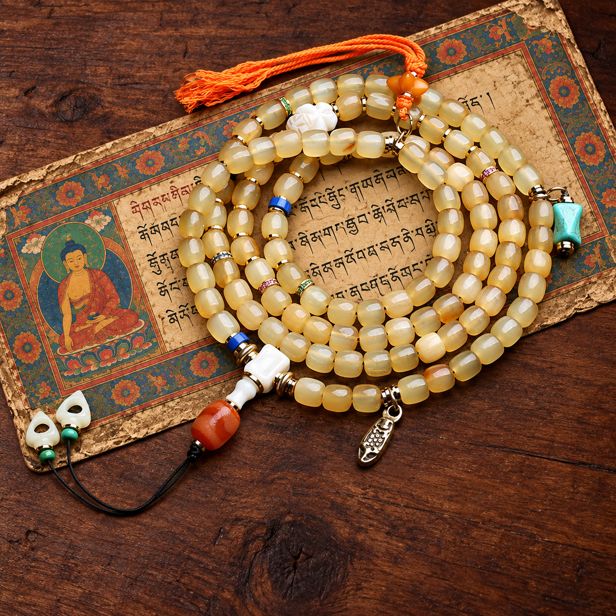EverestArtstudios Bone 108-Bead Mala with Glass, Agate and Tassel Accents — styled on wood with a scripture display prop