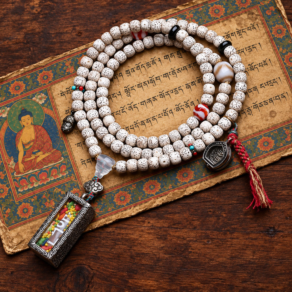 EverestArtstudios Xingyue Bodhi 108-Bead Mala with Dzi-Style Agate and Ghau Pendant — styled on wood with a scripture display prop