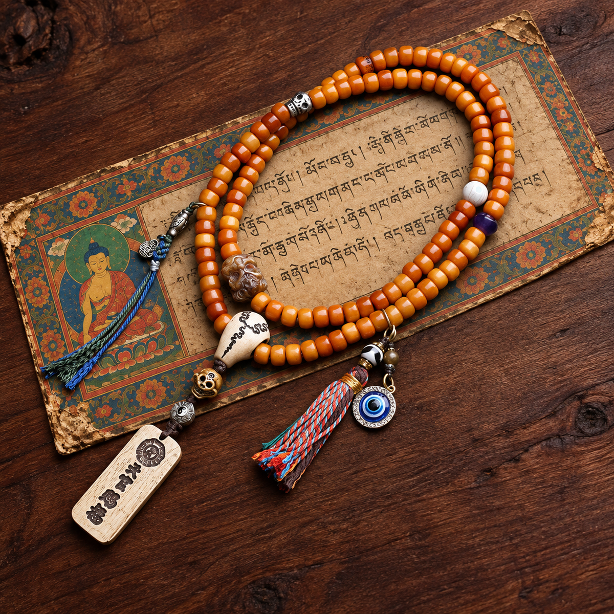 EverestArtstudios Bone 108-Bead Mala with Blessing Pendant and Bird Motif Charms — styled on wood with a scripture display prop
