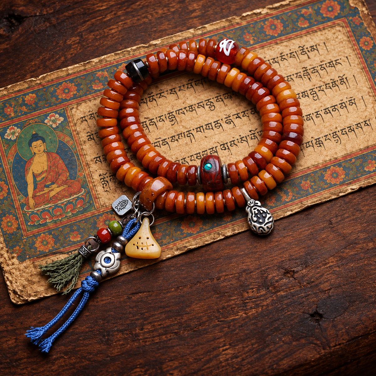 Mala de hueso de yak con Bodhi ojo de fénix, ágata y coco