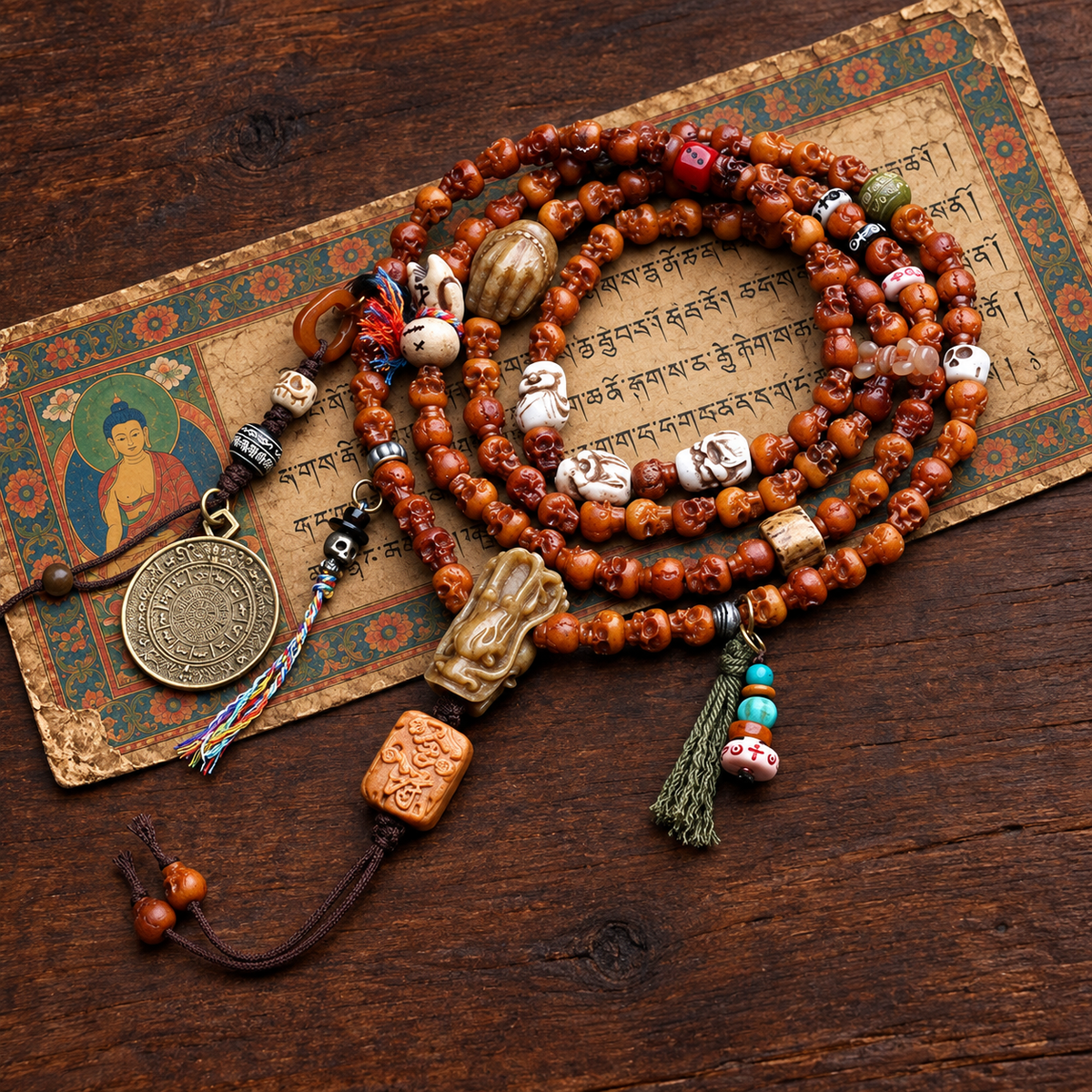 EverestArtstudios Carved Yak Bone 108-Bead Mala with Bagua and Mani Motif Charms — styled on wood with a scripture display prop
