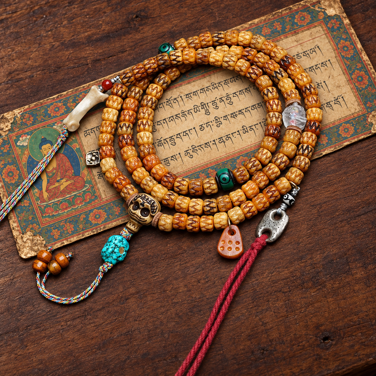 EverestArtstudios Carved Bone 108-Bead Mala with Turquoise and Glass Accents — styled on wood with a scripture display prop