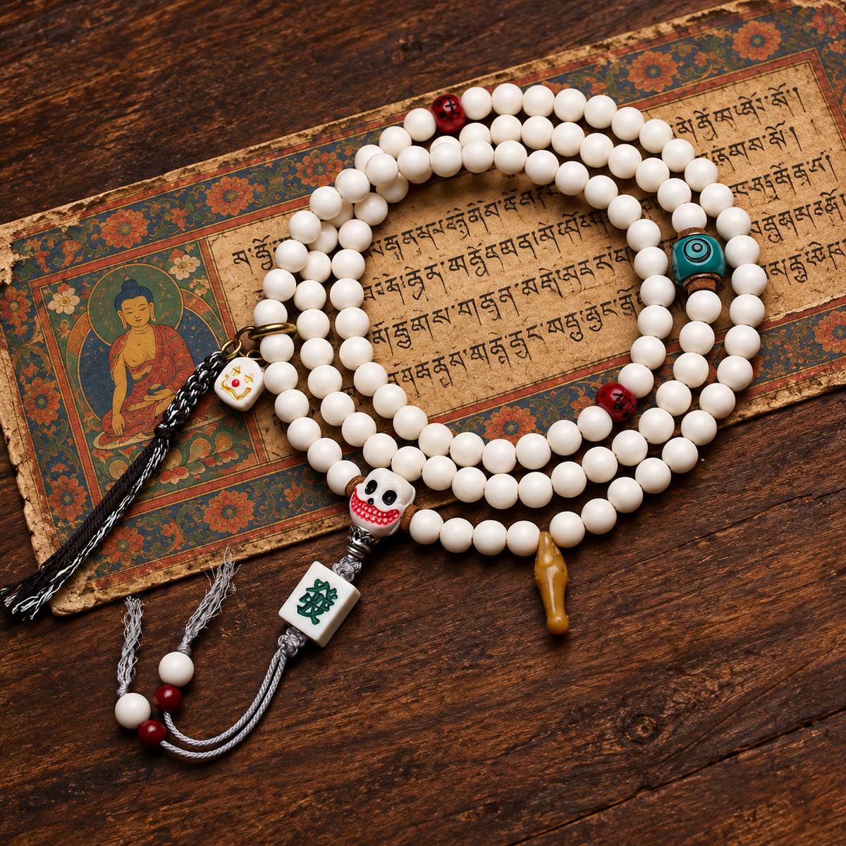EverestArtstudios Antler 108-Bead Mala with Carved Accents and Fortune Charms
