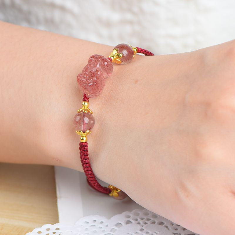 EverestArtstudios Natural Strawberry Crystal Pixiu Charm Lucky Red String Bracelet