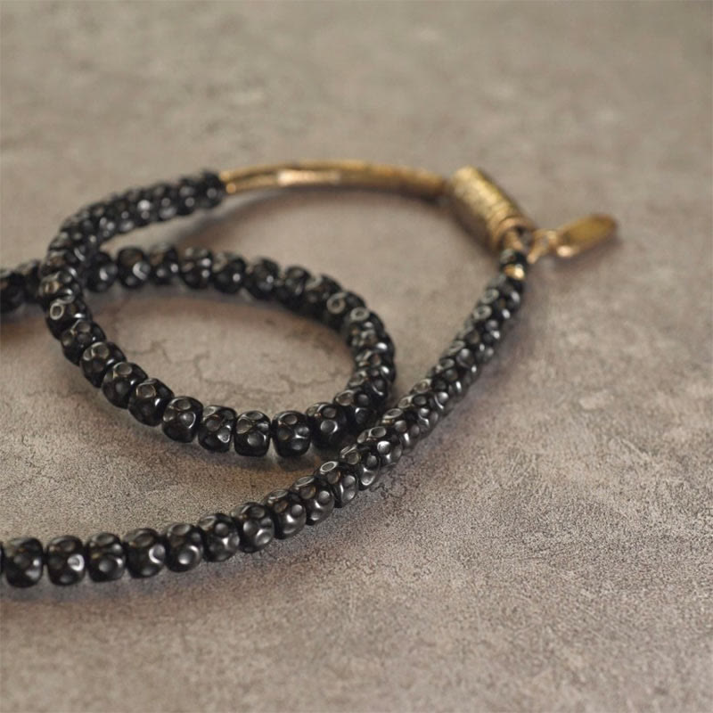 Buddha Stones Retro Coconut Shell Brass Copper Happiness Triple Wrap Bracelet