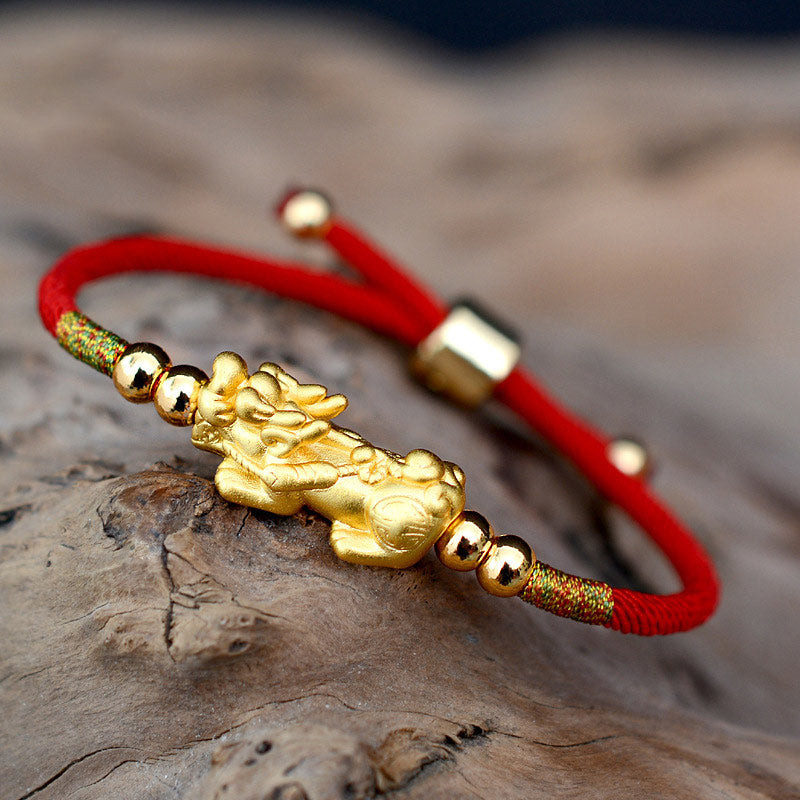EverestArtstudios 24K Gold-Plated PiXiu Luck Red String Bracelet
