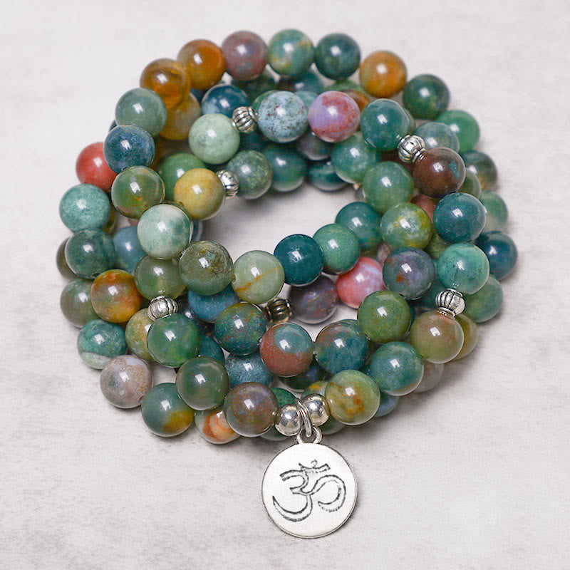 Buddha Stones 108 Mala Beads Indian Agate Lotus OM Tree of life Positive Calm Bracelet