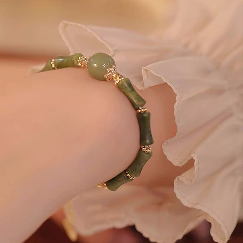 EverestArtStudios 14K Copper Plated Peridot Hetian Jade Bamboo Pattern Luck Bracelet