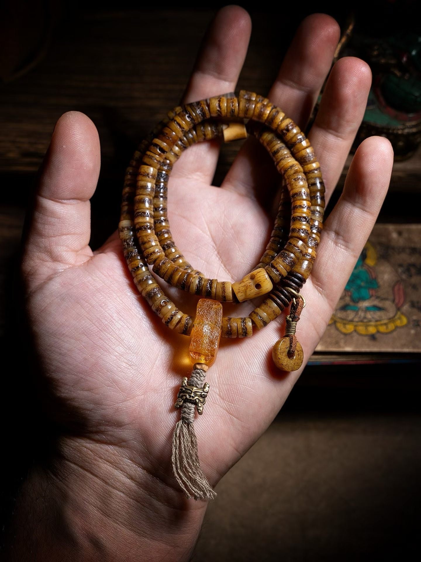 Everest Tibetan Style 108 Bead Mala Necklace, Deer Antler & Coconut Shell Prayer Beads, Meditation Mala, Himalayan Inspired Spiritual Jewelry