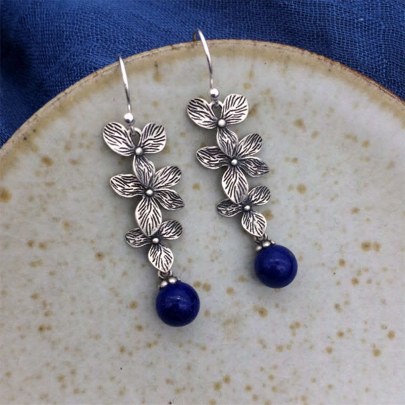EverestArtStudios 925 Sterling Silver Turquoise Lazurite Lapis Lazuli Flower Leaf Serenity Protection Hook Drop Dangle Earrings