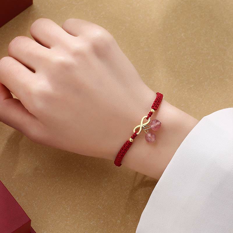 EverestArtstudios Strawberry Quartz Crystal Endless Knot Love Healing Red String Weave Bracelet