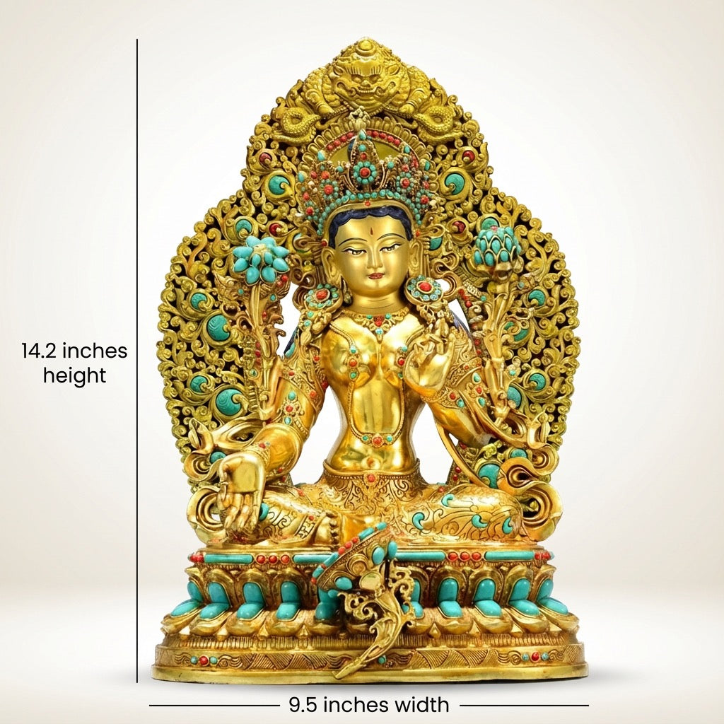Full Gilded Green Tara Statue | Copper Buddhist Deity with Gem Inlay