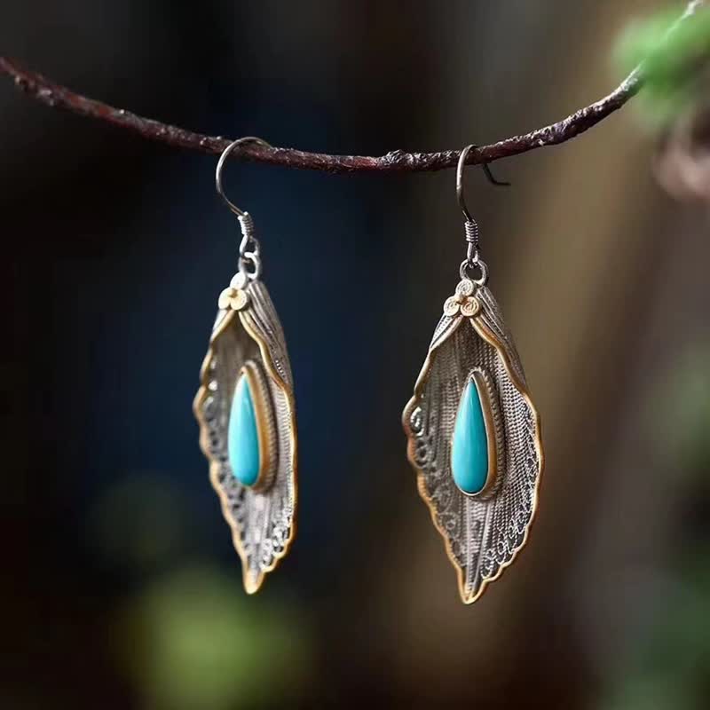 EverestArtStudios 925 Sterling Silver Turquoise Bodhi Leaf Pattern Protection Drop Dangle Earrings