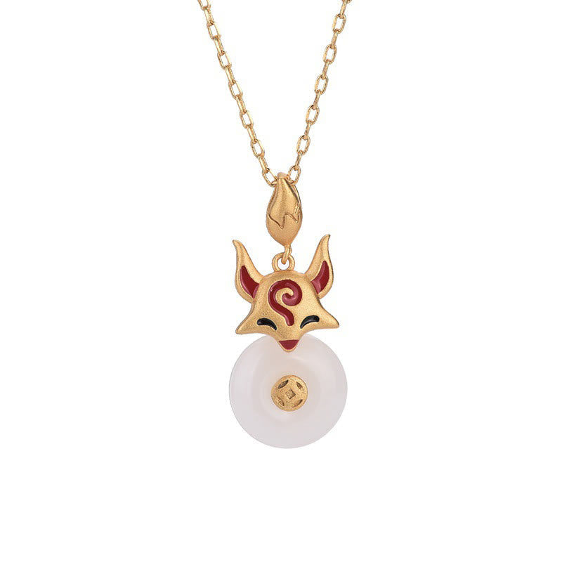 EverestArtstudios White Jade Fox Copper Coin Protection Luck Necklace Pendant