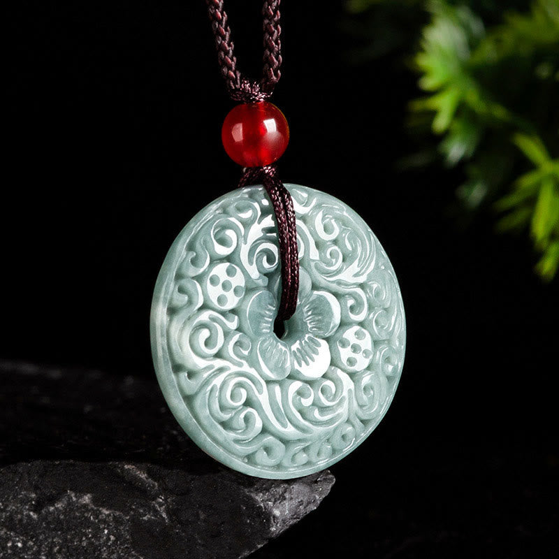 EverestArtstudios Green Jade Flower Carved Peace Buckle Abundance Necklace Pendant