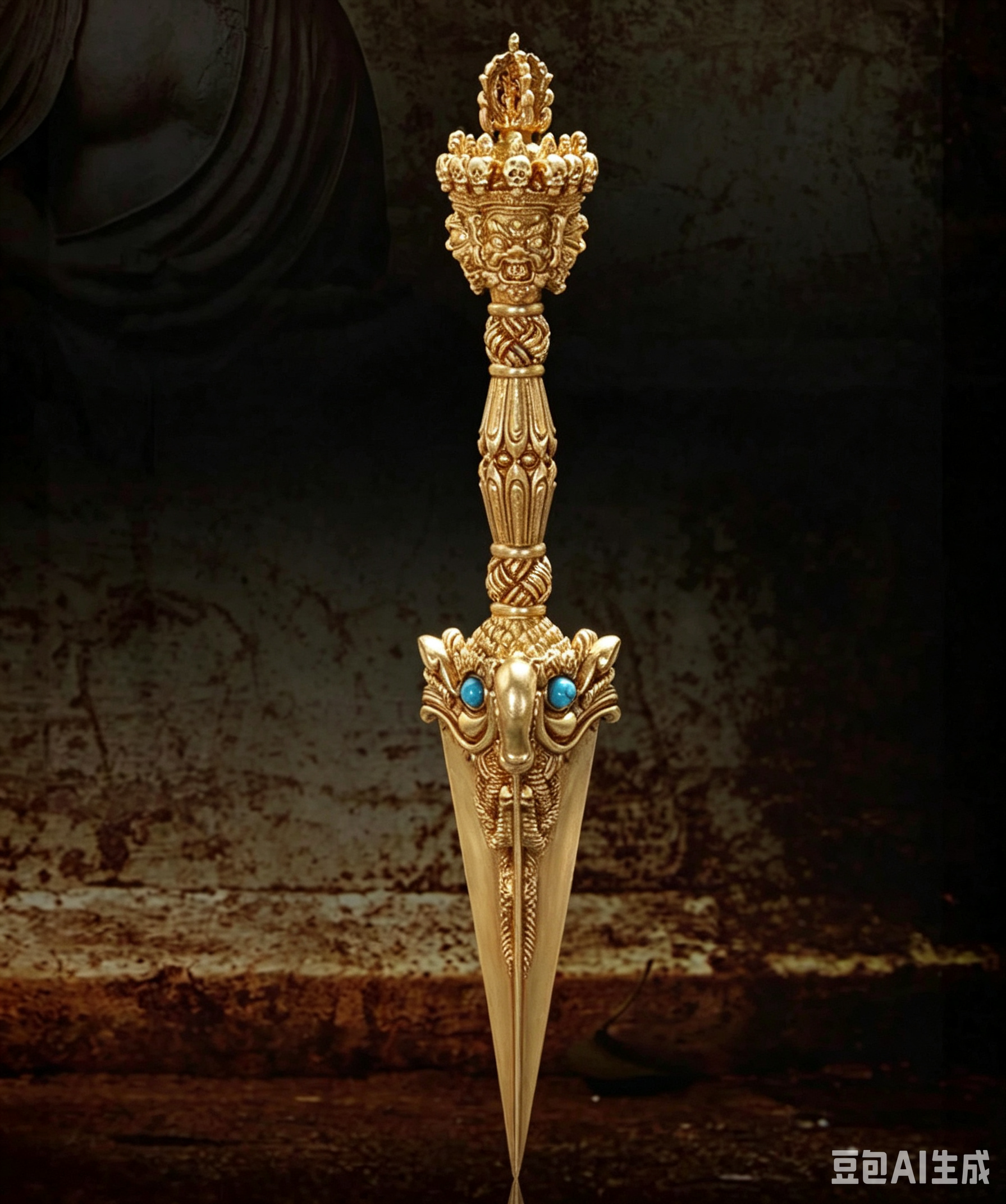 Handcrafted 8.5” Phurba Vajra Dagger Vintage Handmade Nepal Tibetan Pure Brass Amulet