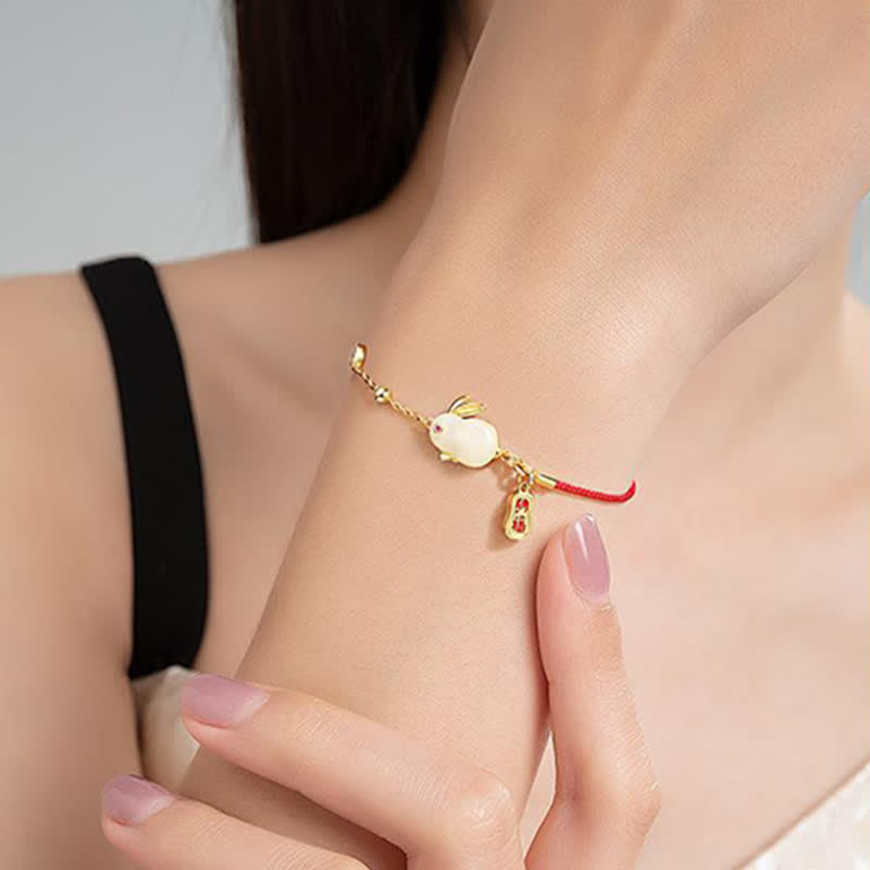 EverestArtstudios Year of the Rabbit White Jade Happiness Red String Chain Bracelet